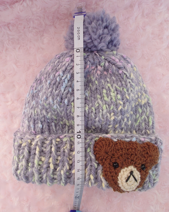 ​【手編み】ほっこりくまさんのポンポンニット帽水色（全6色）｜ベビー・キッズ 3枚目の画像