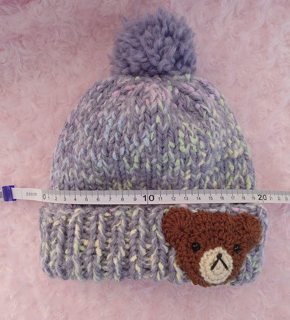 ​【手編み】ほっこりくまさんのポンポンニット帽水色（全6色）｜ベビー・キッズ 2枚目の画像