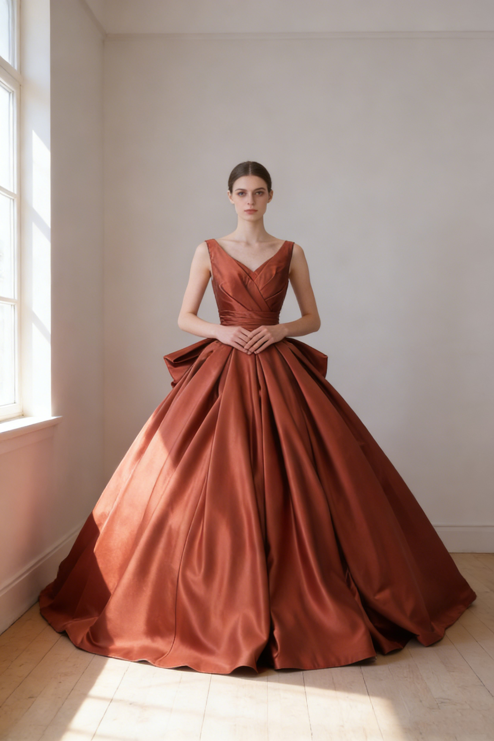 送料無料！カラードレス テラコッタ Vネックドレス ノースリーブ フレアスカート ふっくら柔らかなバックリボン 結婚式