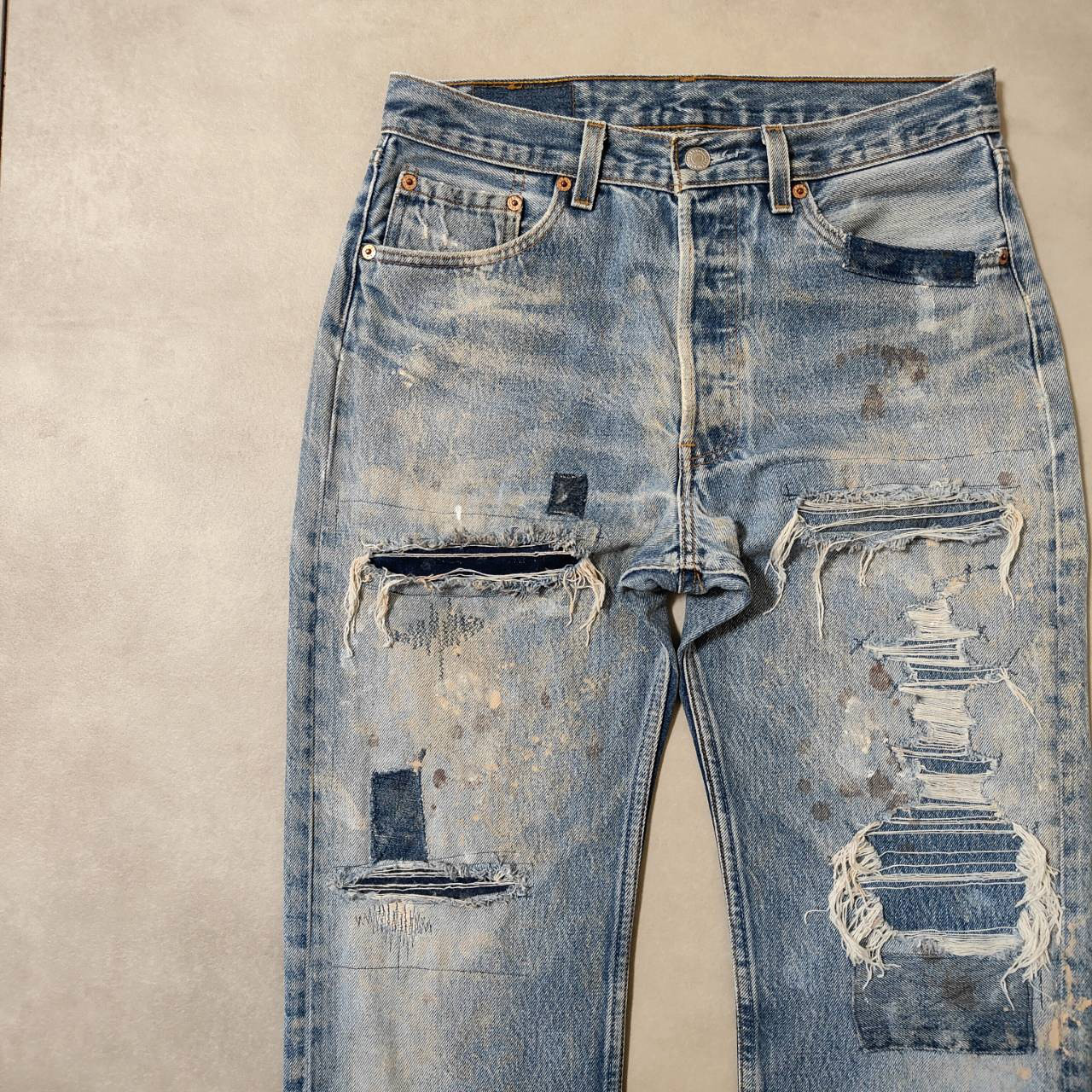 W33表記 リペアカスタム usa製 リーバイス 501 リメイクデニム ビンテージジーンズ グランジデニム ダメージ