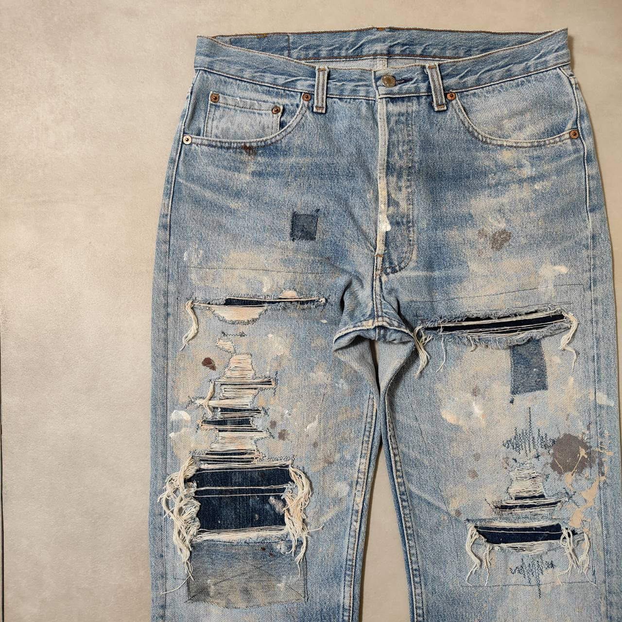 W34表記 リペアカスタム usa製 リーバイス 501 リメイクデニム ビンテージジーンズ グランジデニム ダメージ