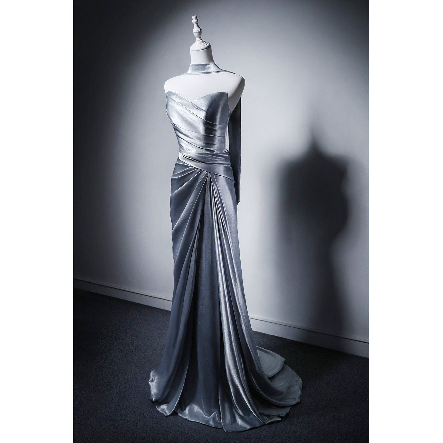 高級感 薄グレー ノースリーブ パーティードレス シンプル 韓国風 演奏会 誕生日 披露宴 二次会 前撮り M042