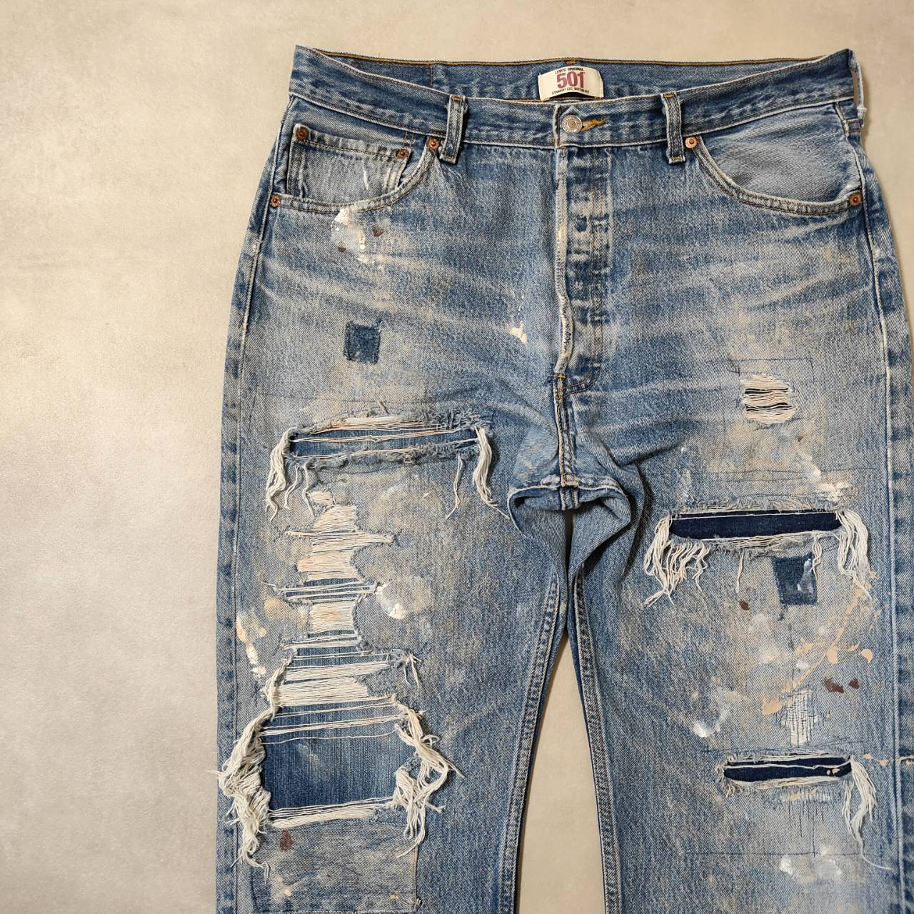 W38表記 リペアカスタム リーバイス 501 リメイクデニム ビンテージジーンズ グランジデニム ダメージ