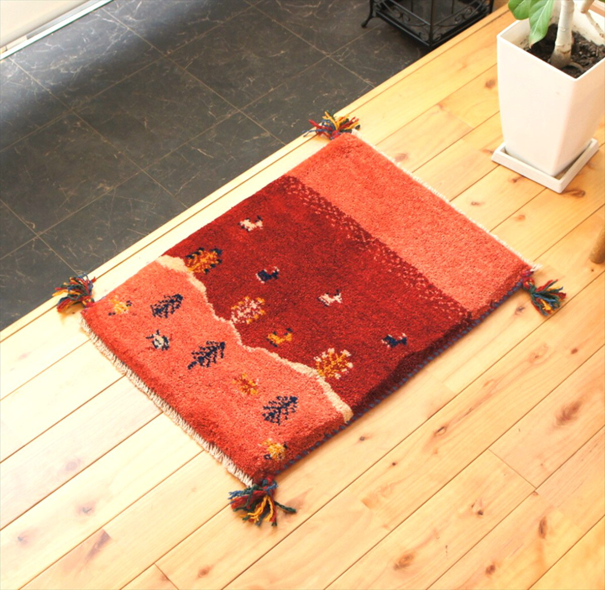 ペルシャ　ギャッベ　玄関マット小　ラグ　58x43cm　茜色　桃色　風景　夕焼け　魚　NN19858