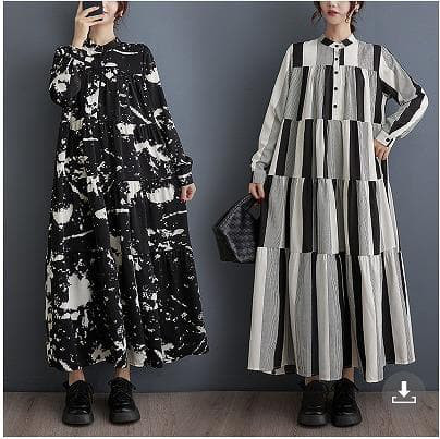 大きいサイズ新品ゆったり ロングワンピース ストライプ フリル 黒秋冬長袖