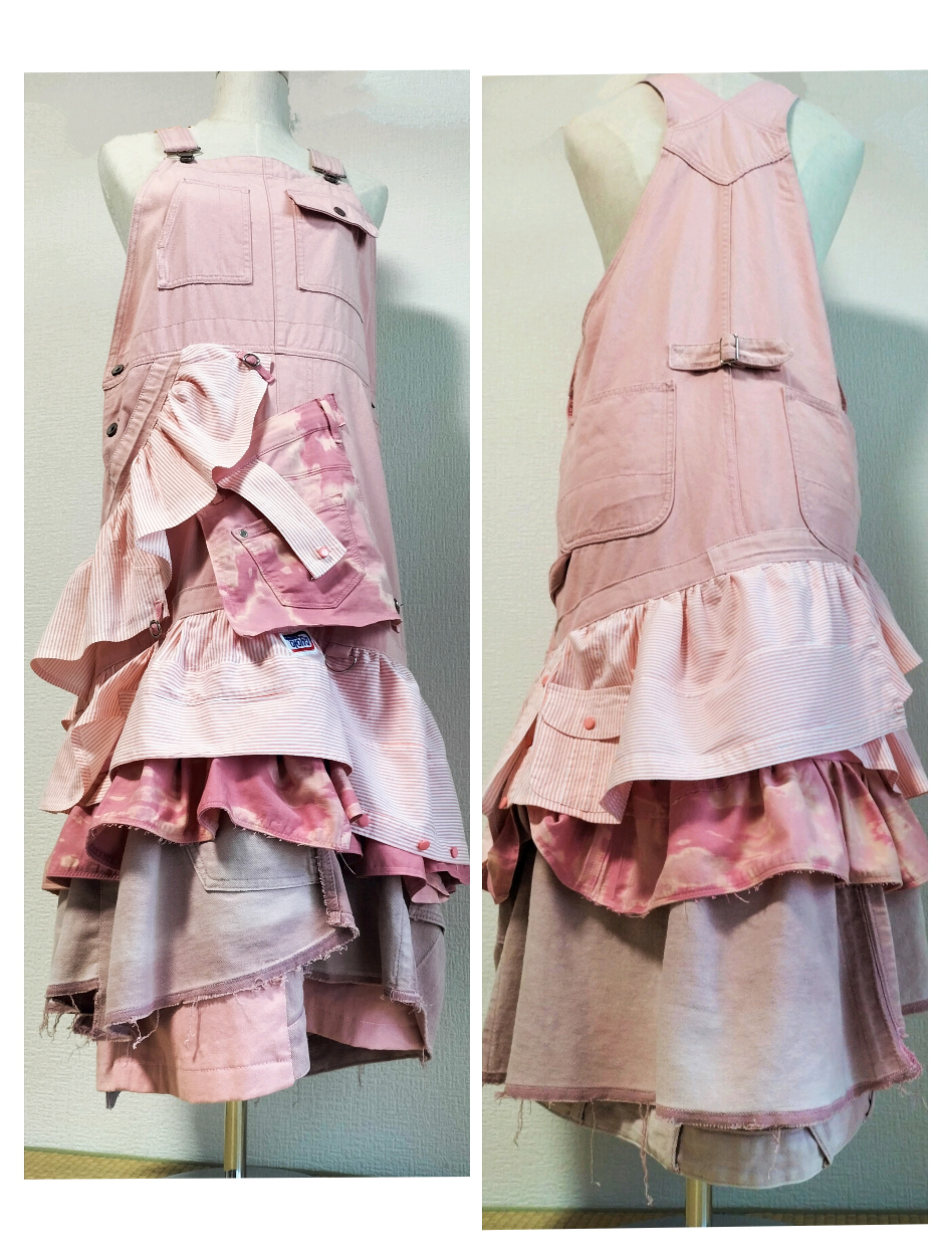 リメイクデニムサロペットロングスカート桜ピンク