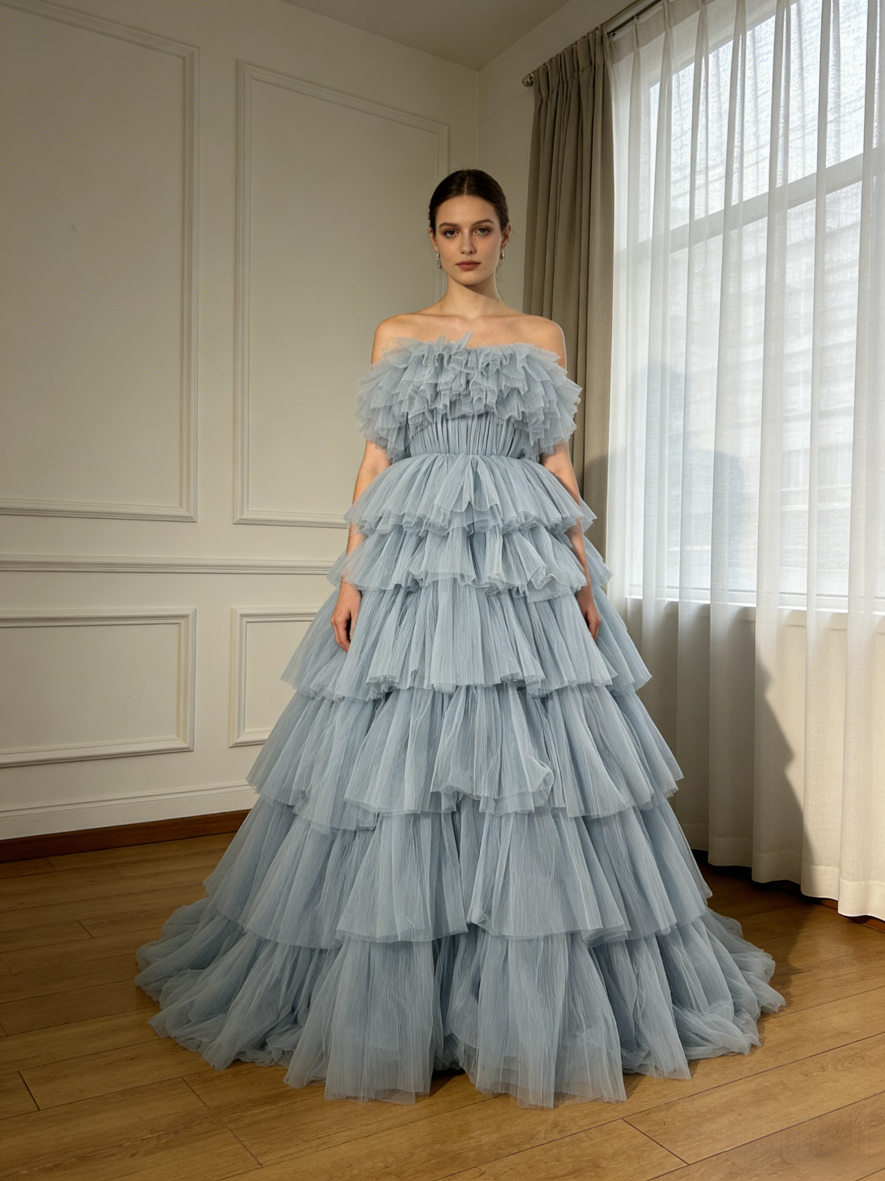 上品！カラードレス ブルー ベアトップ プリーツスカート ハイウエスト ボリュームドレス 編み上げ 花嫁