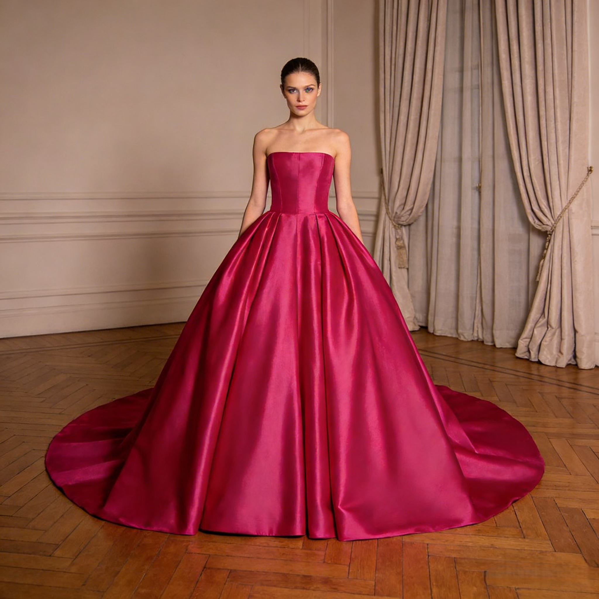 カラードレス ビビッドピンク ベアトップ 光沢サテン プリンセスライン ロングトレーン 披露宴