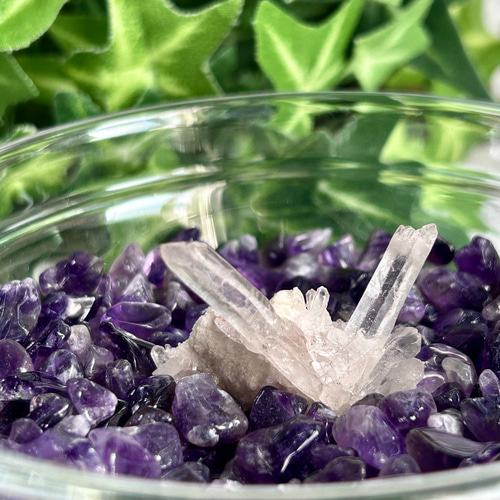 浄化セット アメジスト さざれ マニカラン水晶 クラスター 10cm 器付