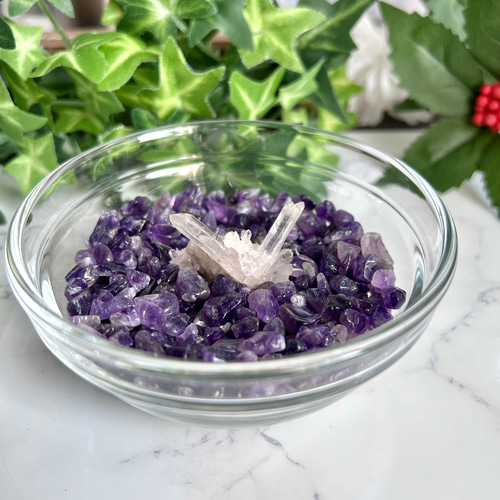 浄化セット アメジスト さざれ マニカラン水晶 クラスター 10cm 器付