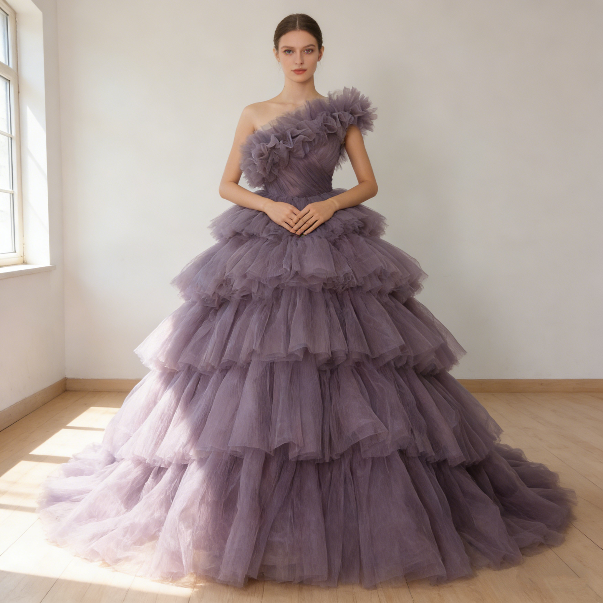 送料無料！豪華！ カラードレス パープル オフショル プリーツスカート ふわふわドレス 韓国風ドレス 派手な