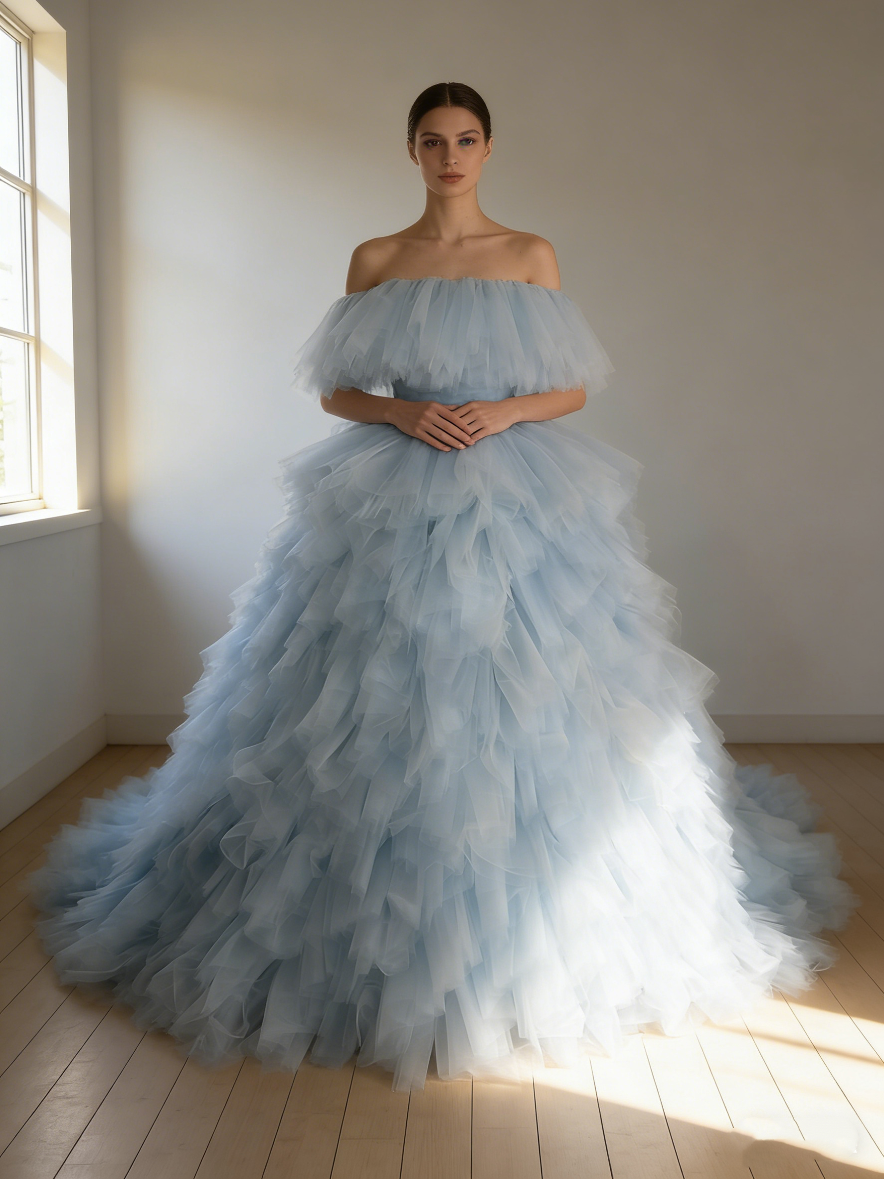 送料無料！カラードレス ライトブルー ソフィア 取り外しオフショルダー ふわふわドレス 抜群のおしゃれ見え 目立つ 前撮