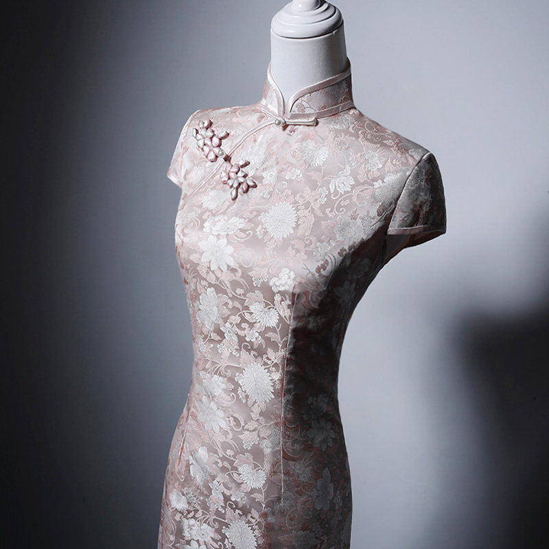 高級感 ピンク 半袖 花 パーティードレス スリム 花嫁 演奏会 誕生日 披露宴 二次会 前撮り M056