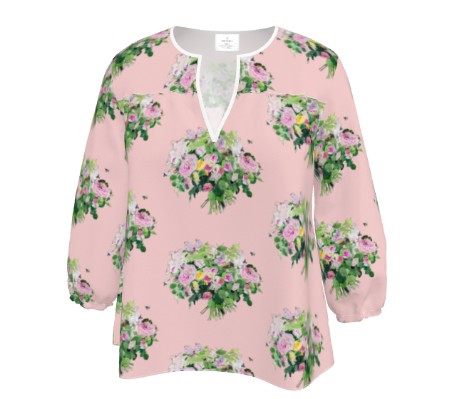 XXS～7XL　グランブーケ　薔薇のプリント柄の七分袖ゆったりめブラウス【秋春夏】