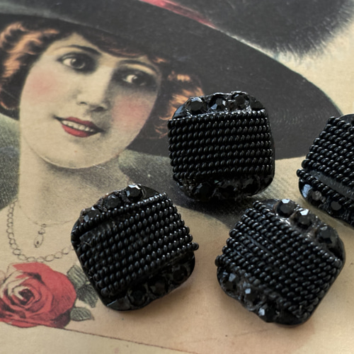 17mm Japanese Vintage ボタン ブラック ドーム型 ビーズ ストーン