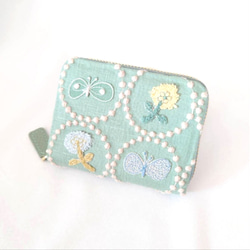 受注製作】刺繍4つ じゃばらミニ財布 グレー×ライトイエロー