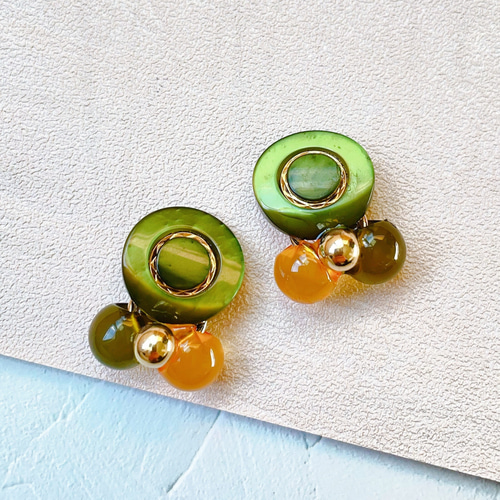 送料込！B252…グリーン×イエロー イヤリングorピアス イヤリング