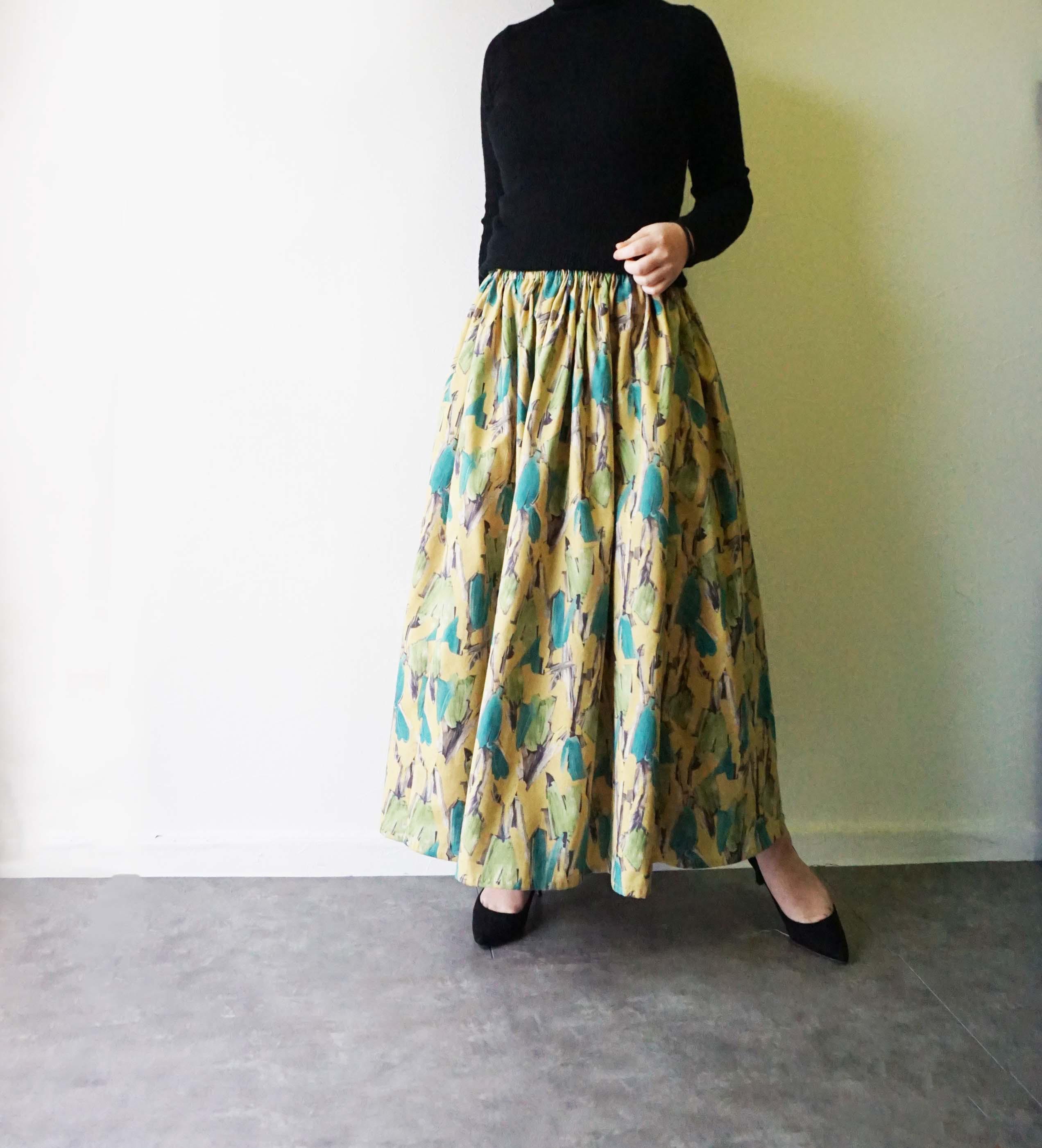 ペインティングフラワーイエローグリーンロングスカート コットンリネン