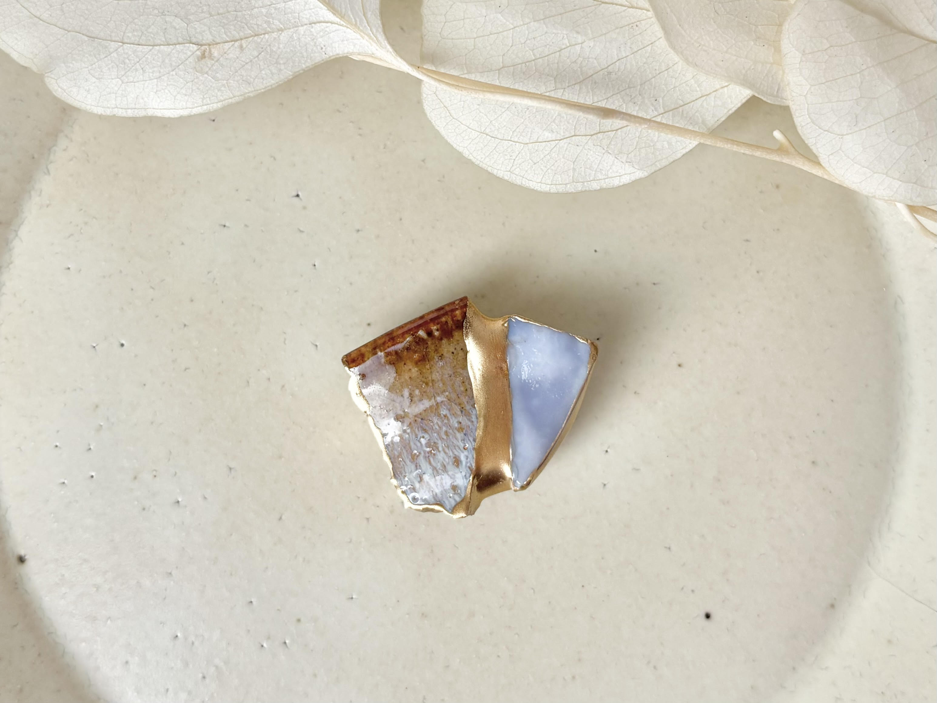 萩焼　金継ぎ　帯留　茶色　紫　ステンドグラス　伝統工芸　＃451