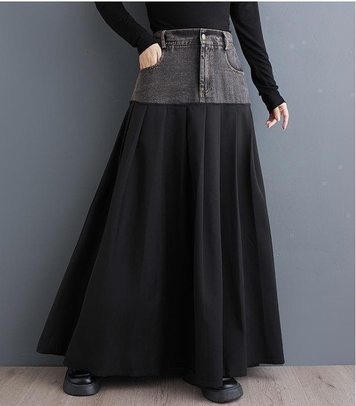 大きいサイズ レディース ロング　スカート　異素材　春 秋冬 新品 デニム
