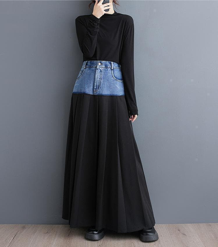 大きいサイズ レディース ロング　スカート　異素材　春 秋冬 新品 デニム