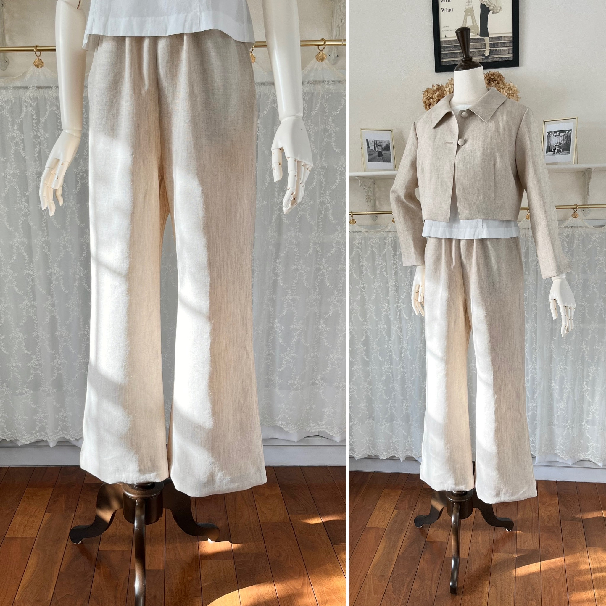 リネンのキレイ目・サイズフリーパンツ『キレイ目シルエット・ベージュ・ウエストゴム』