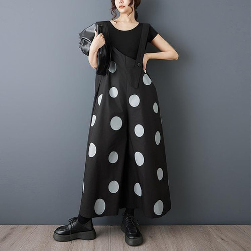 新品 春夏 レトロ 水玉柄 オーバーオール 黒 サロペット 香港風 by