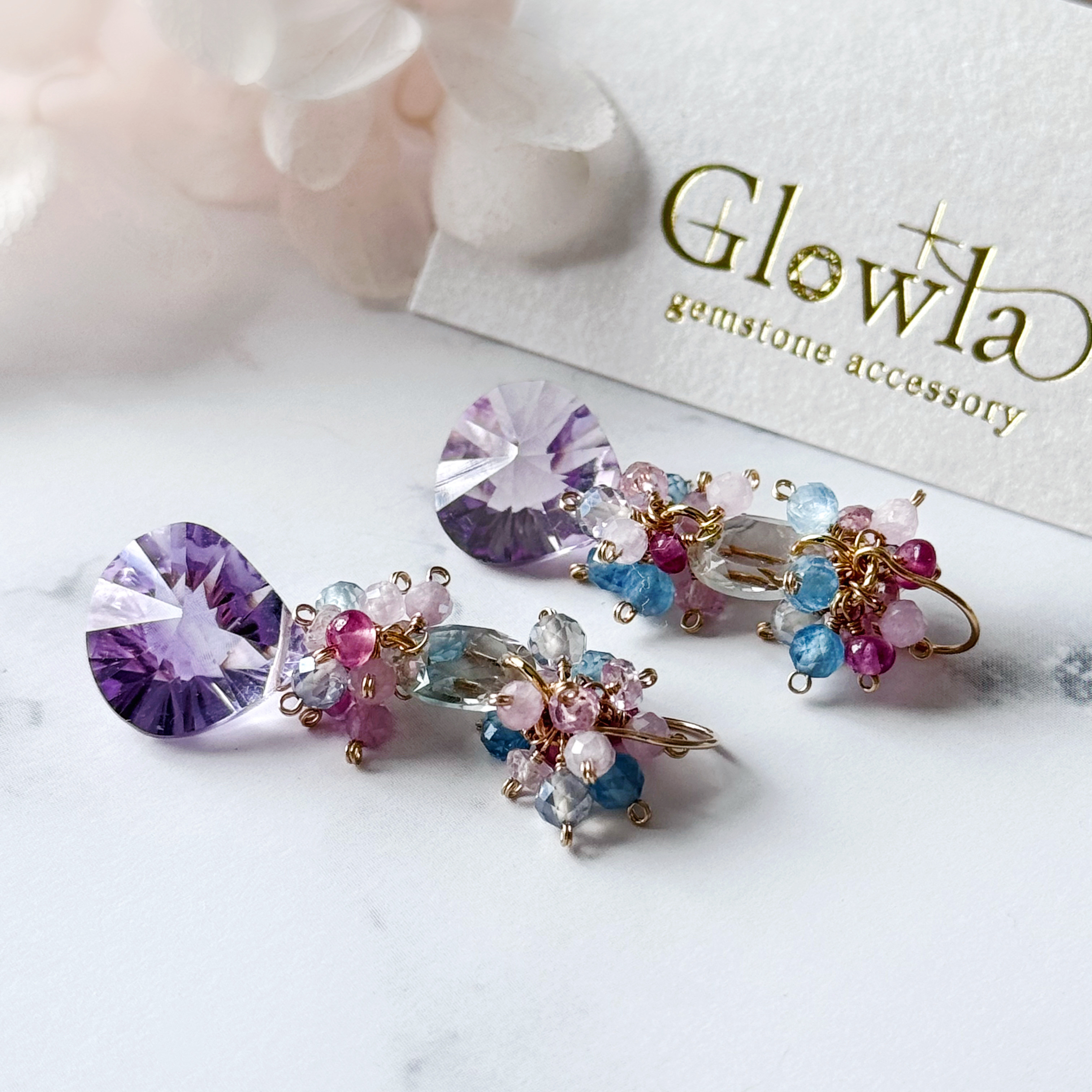 【2月誕生石】宝石質ラベンダーアメジストとルビーのスプリンググロウピアス(14kgf)/イヤリング(16kgp)