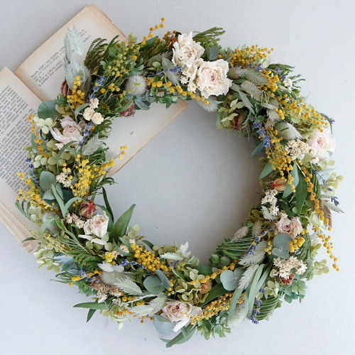 約直径36cm】春色ラナンキュラスとミモザの大きなフラワーリース