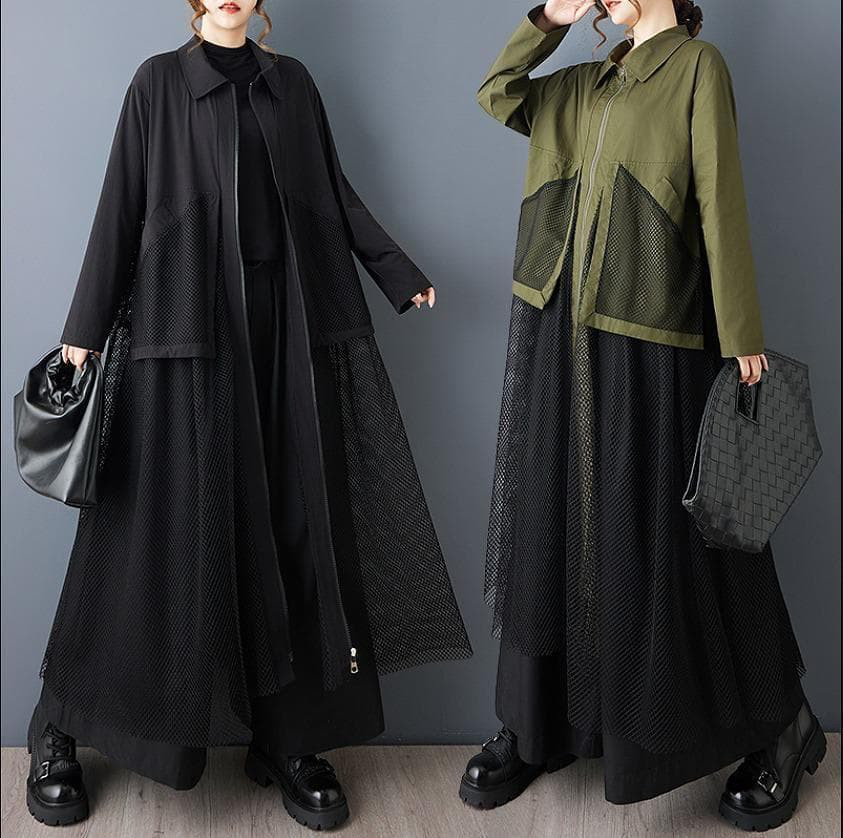 【新品】春秋冬 大きいサイズ メッシュ切替 シャツワンピース カーキ;: