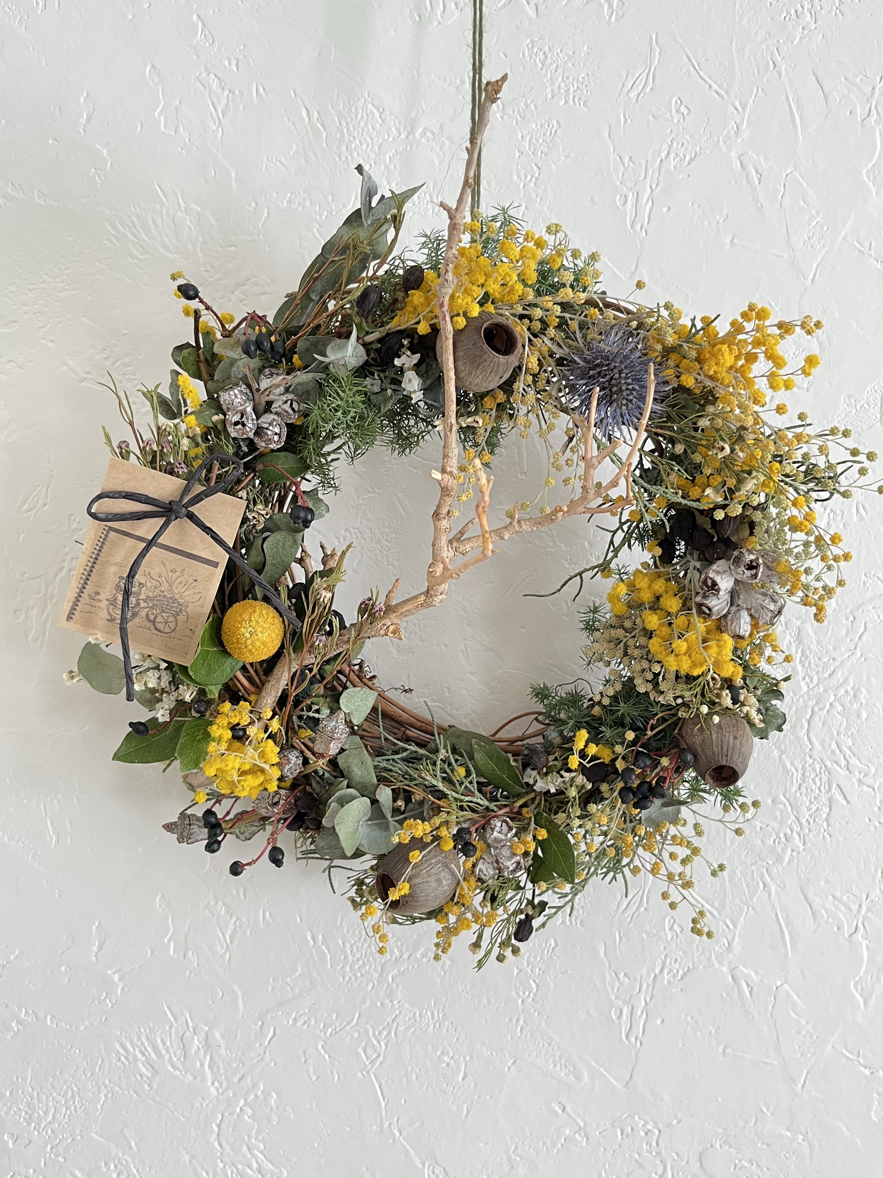 ナチュラルリース【森の時計は春を指しました。】ミモザ／エリンジウム／ベルガムナッツ／ビバーナム／ユーカリ他