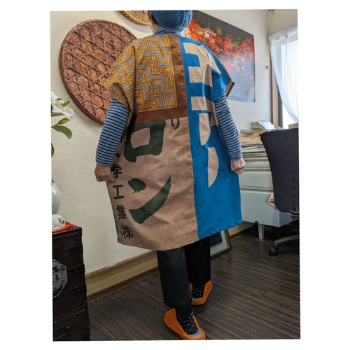 企業旗の柿渋染めチュニック 古布リメイク チュニック 着物リメイク