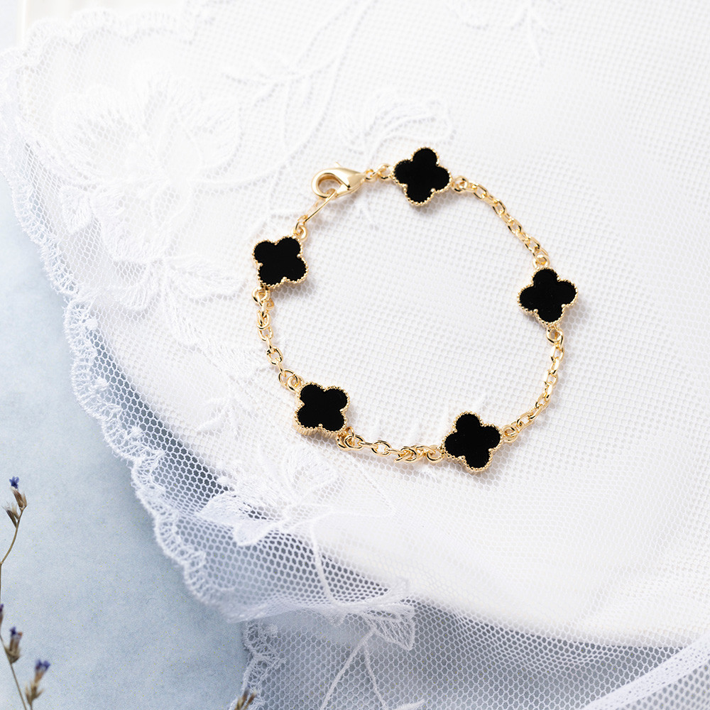 クローバー 5連 ブレスレット ゴールド×ブラック オニキス風 四葉