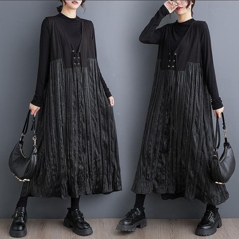 【ラス１】大きいサイズ　ワンピース　ロング　レディース 異素材　秋冬 プリーツ\