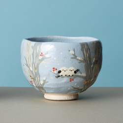 楽焼茶碗「雪のクリスマス」 抹茶碗 茶道具 手描き クリスマスツリー