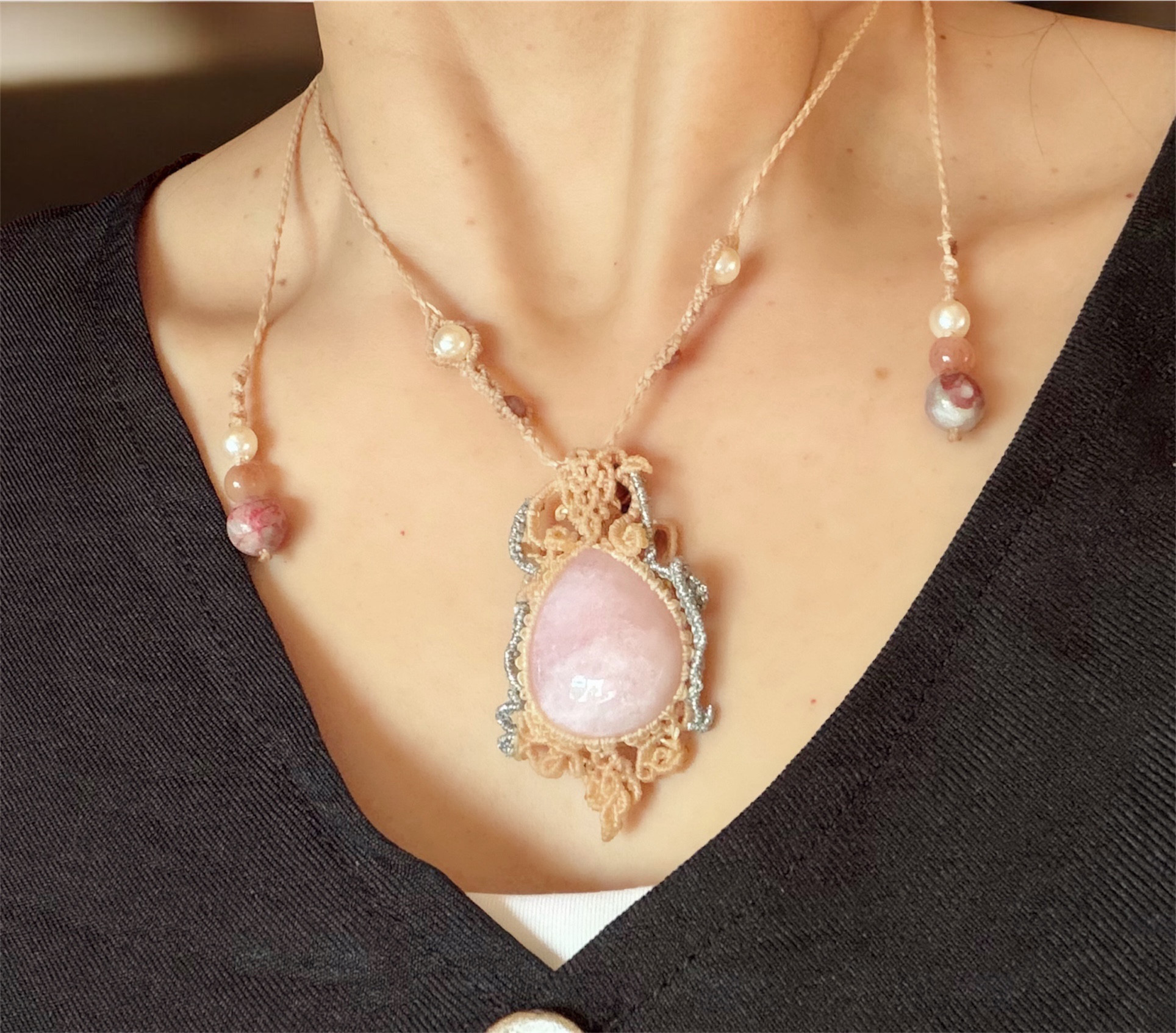 クンツァイト マクラメネックレス｜心の平安 天然石 ペンダント｜送料無料