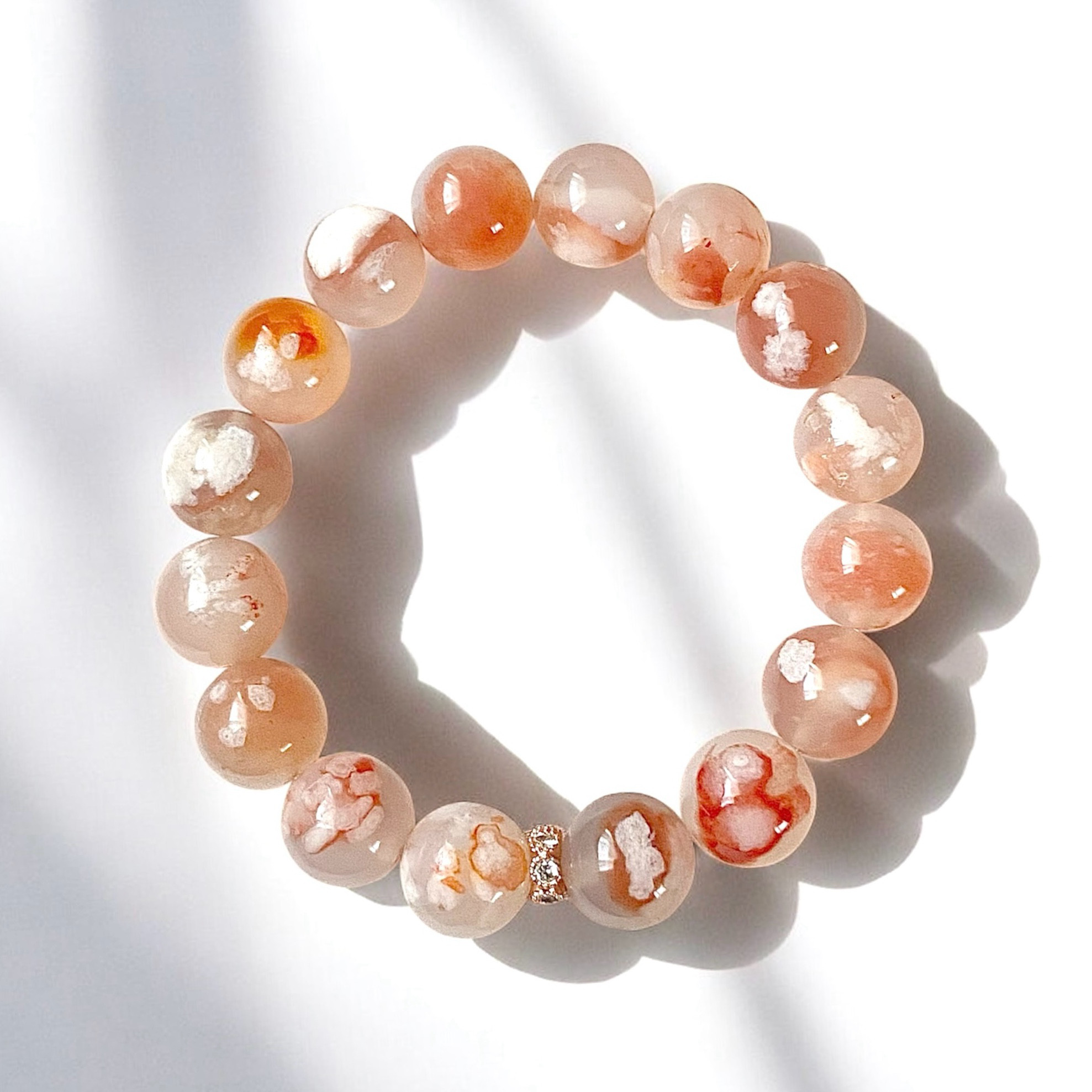 ⭐︎一点物《蜜紅桜瑪瑙》チェリーブロッサムアゲート 天然石 ブレスレット 和風 チーク 苺ジャム コーラルレッド 個性的