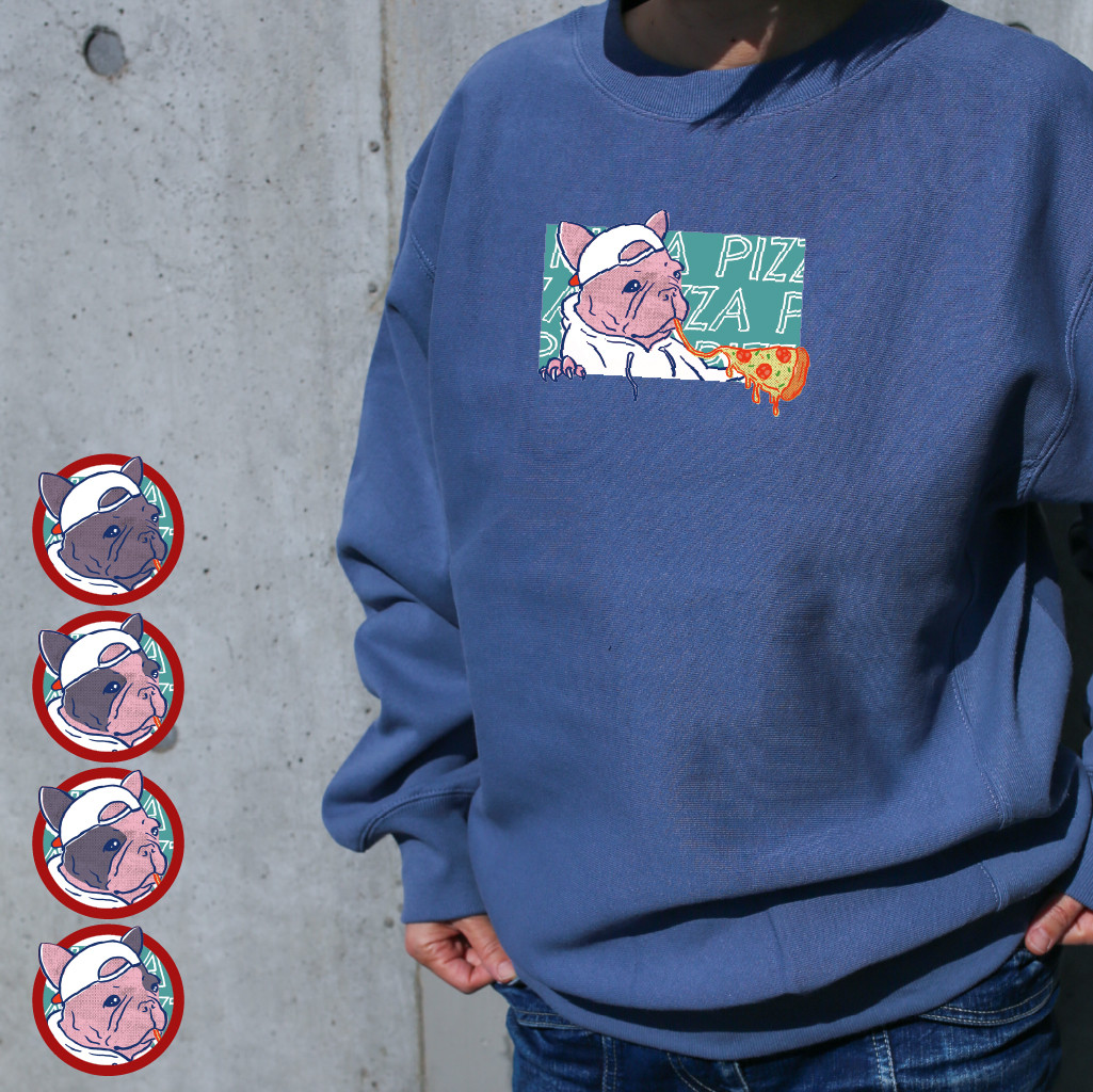 ピザ　フレブル　裏起毛クルーネック スウェット　ストーンブルー　お出かけ 　PIZZA　フレンチブルドッグ