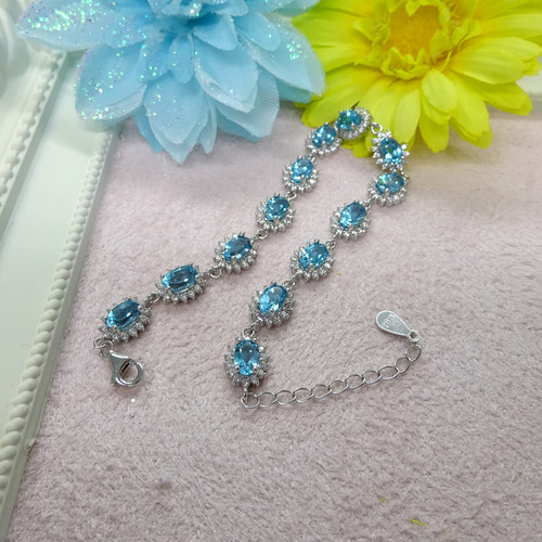 シルバーブレスレット・ブルートパーズ CZ豪華取巻き 高級天然石