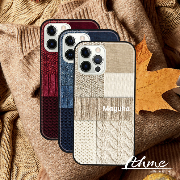 強化ガラス＆グリップ / knit ★ 名入れ可【大人 ナチュラル 冬 ニット 編み柄 スマホケース・iPhone】 1枚目の画像