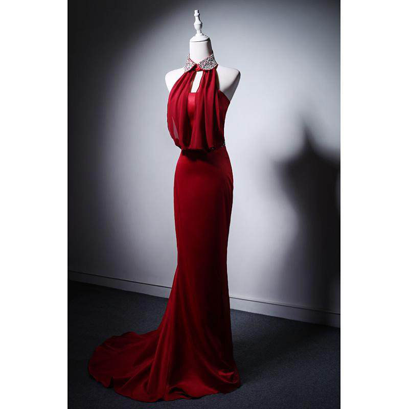 高級感 赤 ノースリーブ 裾引き パーティードレス スリム 花嫁 演奏会 誕生日 披露宴 二次会 前撮り M074