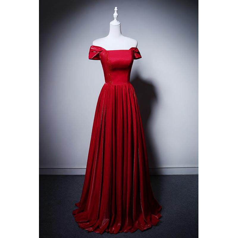 高級感 赤 サテン オフショルダー スリム パーティードレス 結婚式 花嫁 誕生日 成人式 二次会 前撮り M076