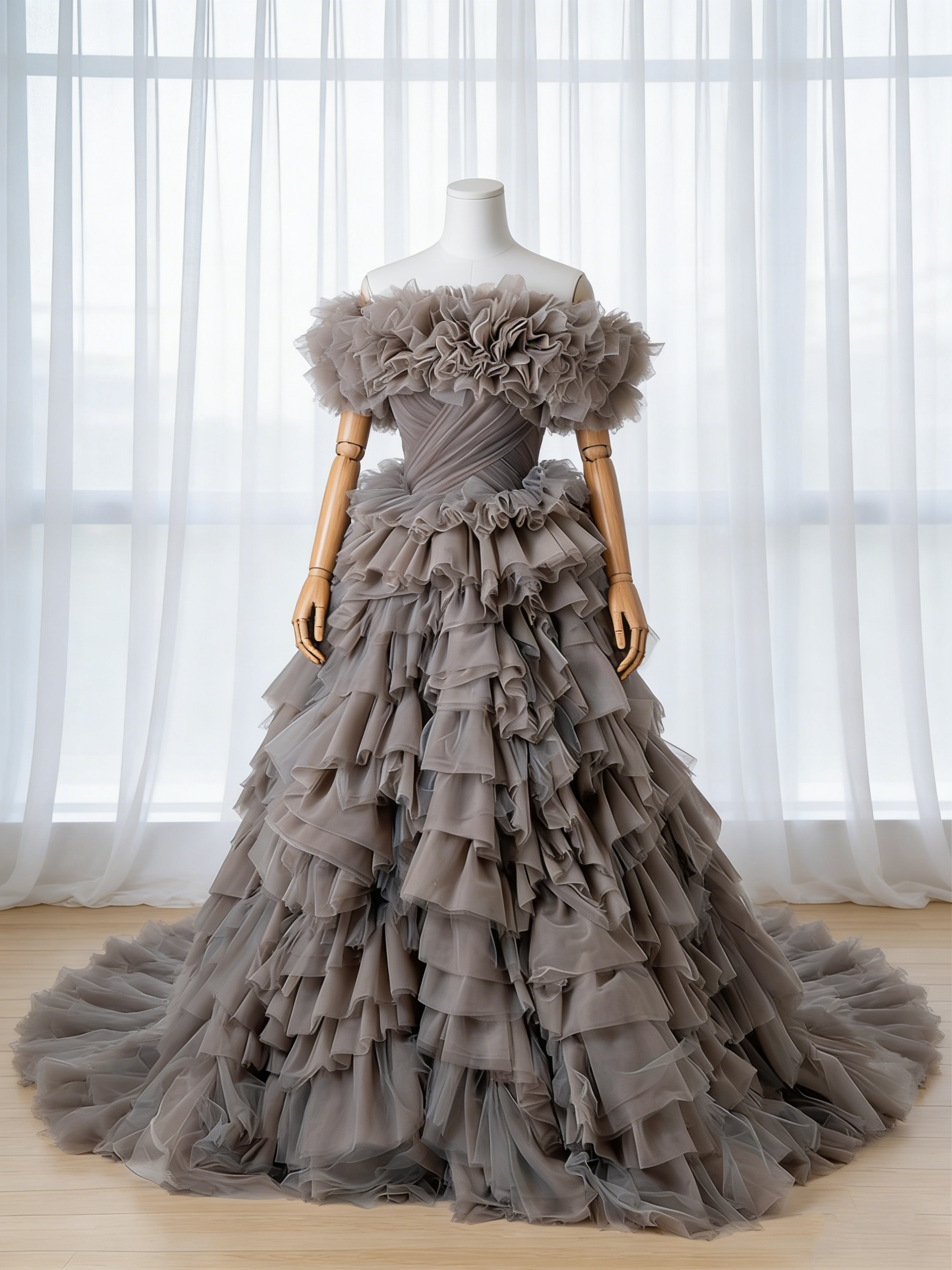 送料無料！カラードレス グレー オフショルダー もこもこドレス 結婚式 抜群におしゃれ度が際立つ プリンセスライン