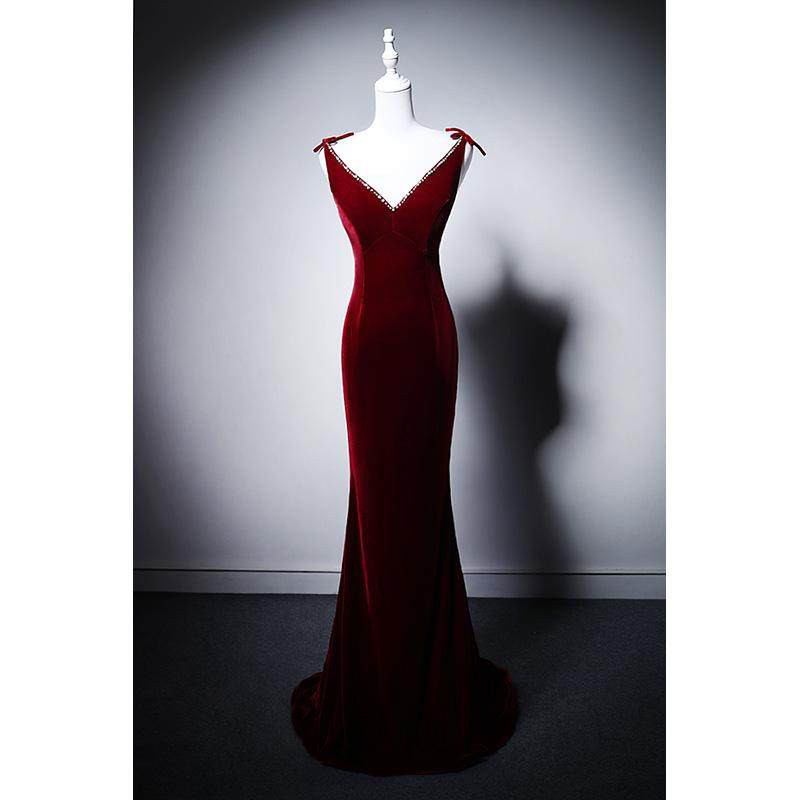 高級感 赤 ベロア Vネック 裾引き マーメイドドレス 結婚式 パーティー 誕生日 成人式 二次会 前撮り M079