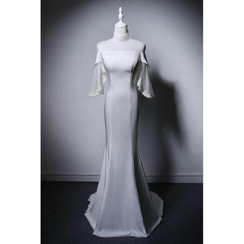 高級感 白 レース 裾引き パーティードレス スリム 花嫁 パーティー 演奏会 誕生日 披露宴 二次会 前撮り M080