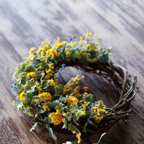 約直径24cm】 春色ミモザとラベンダーのハーフムーンリース ＊ ドライ