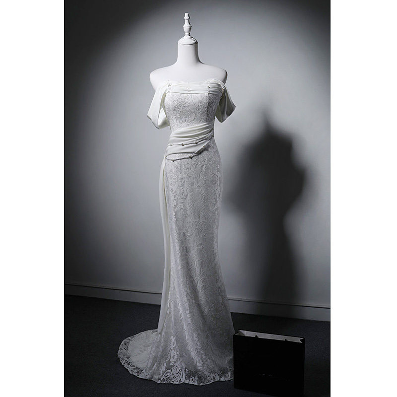 高級感 白 レース オフショルダー 裾引き パーティードレス 花嫁 パーティー 誕生日 成人式 二次会 前撮り M088