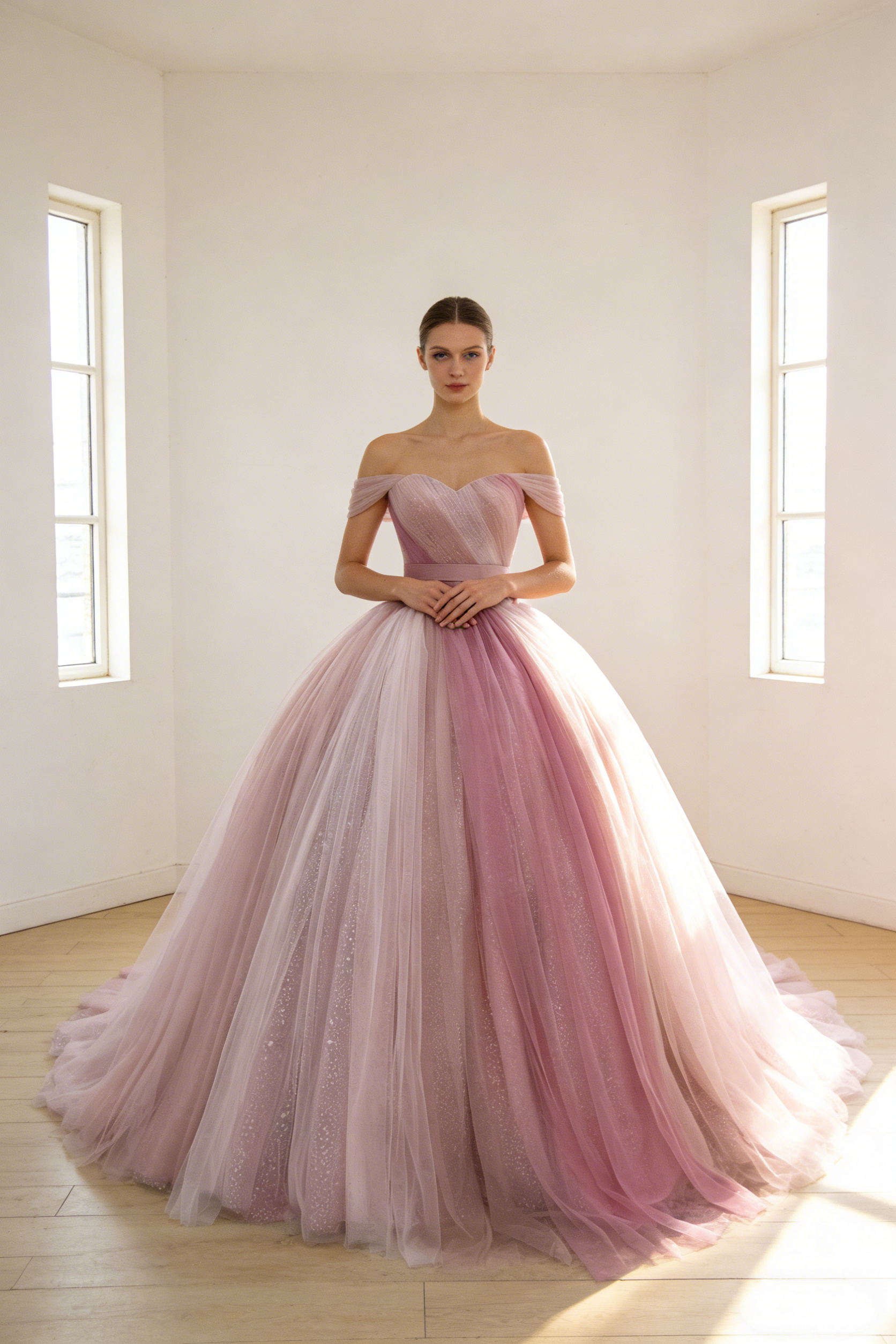 送料無料！カラードレス オフショルダー ピンク キラキラグリッターチュール フレアスカート 結婚式 プリンセスライン