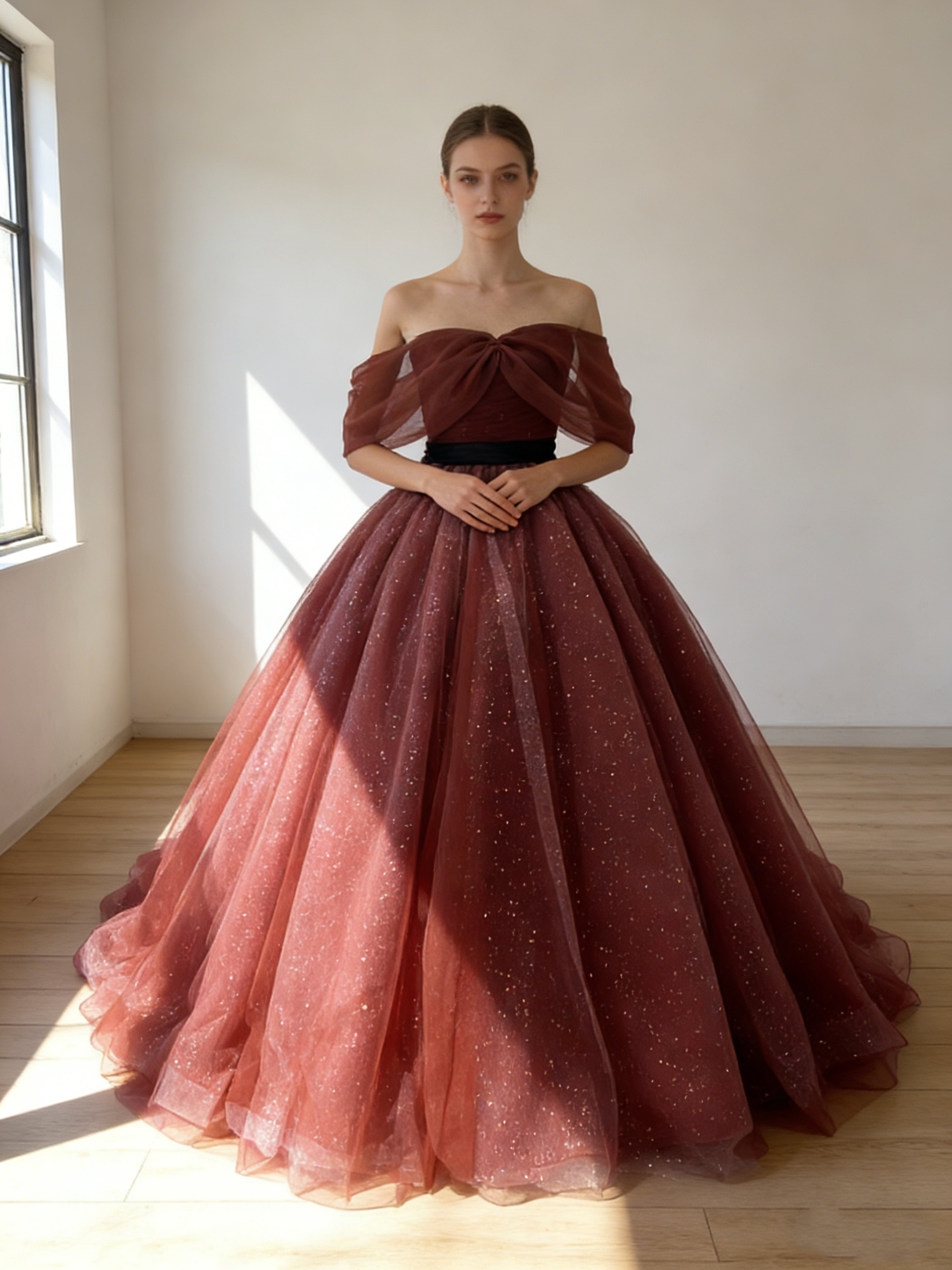 送料無料！カラードレス オフショルダー キラキラドレス サッシュベルト 編み上げ ハンドドレープ 華やかなトレーン 結婚