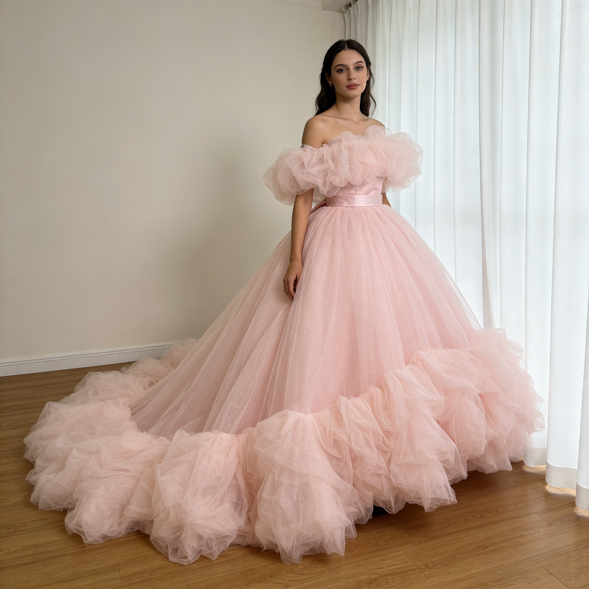 美品！カラードレス 薄ピンク オフショルダー 華やかなトレーン プリンセスライン キラキラチュール 前撮り